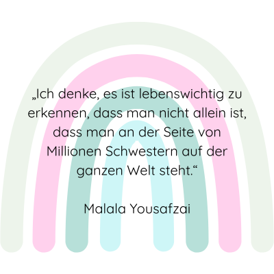 Zitat von Malala Yousafzai über Frauensolidarität vor einem Regenbogen