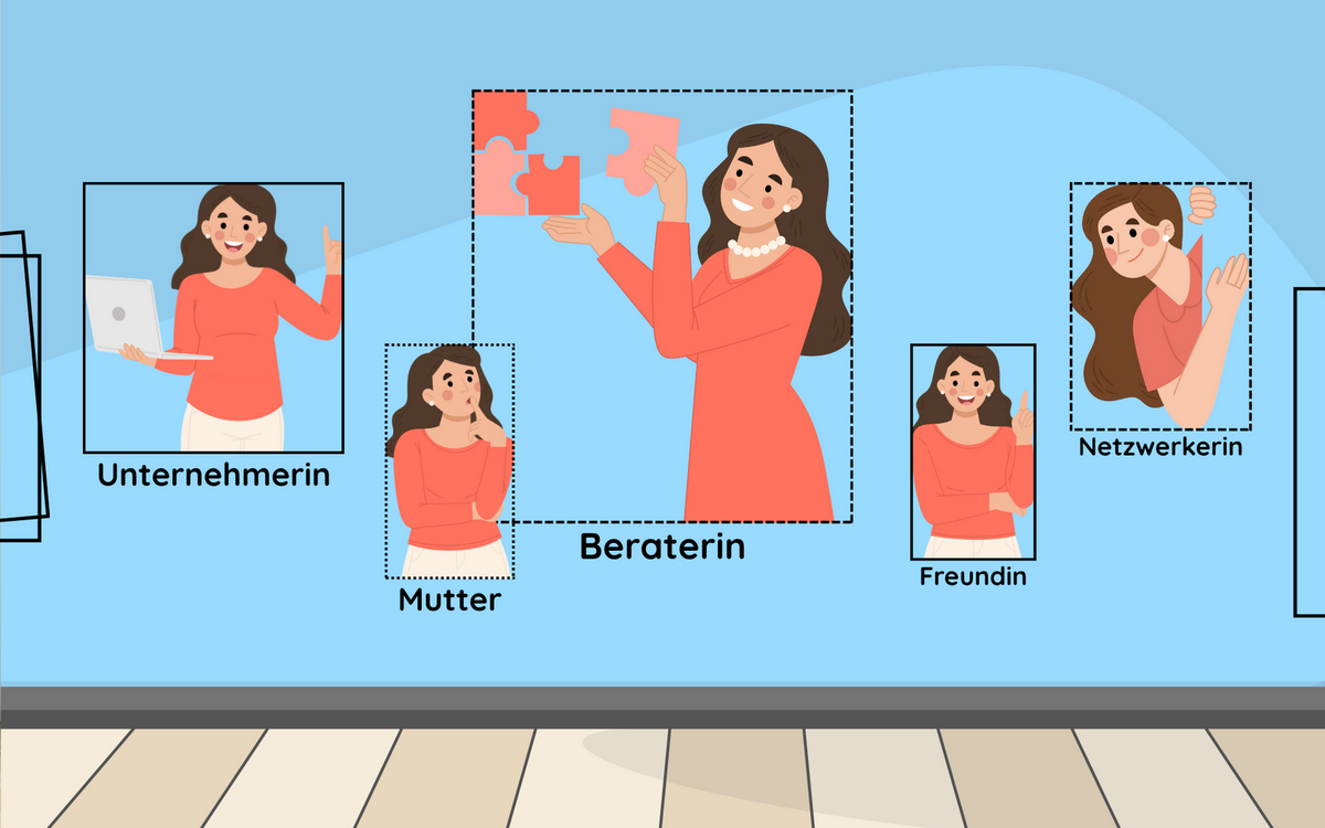 Das Bild zeigt verschiedene Rollen, die Sabine jeden Tag einnimmt: Sie agiert als Beraterin, Unternehmerin, Netzwerkerin, Freundin und Mutter.