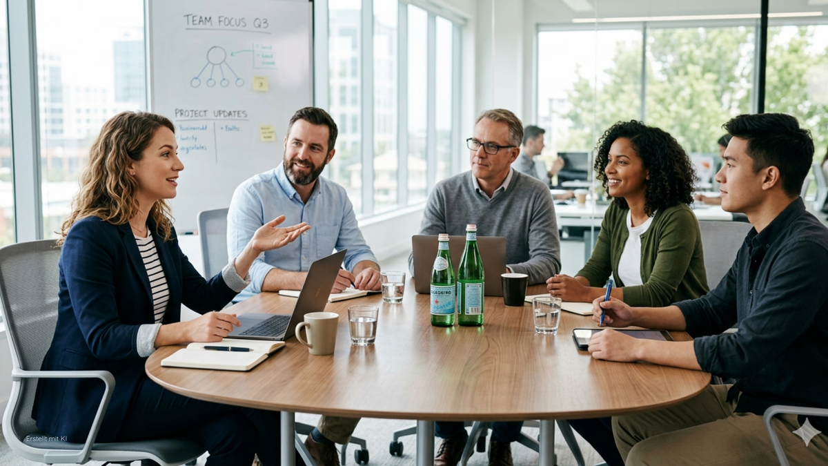 Teammeeting in einem modernen Büro mit Unterlagen, Laptops und Getränken auf dem Tisch.